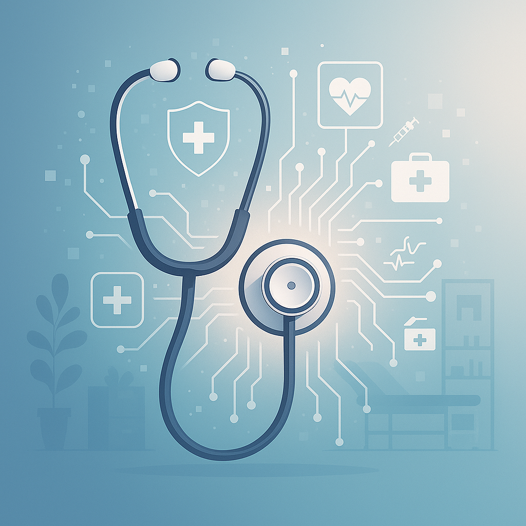 AI-powered health and wellness clinic management illustration with stethoscope and digital health icons representing online booking and patient records.