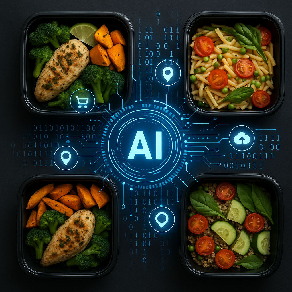 Meal-prep containers and ingredients with digital overlay, representing AI-powered meal-prep and home chef services vertical SaaS.