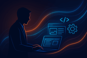 Silhouette of a person using a laptop with icons representing no-code website building